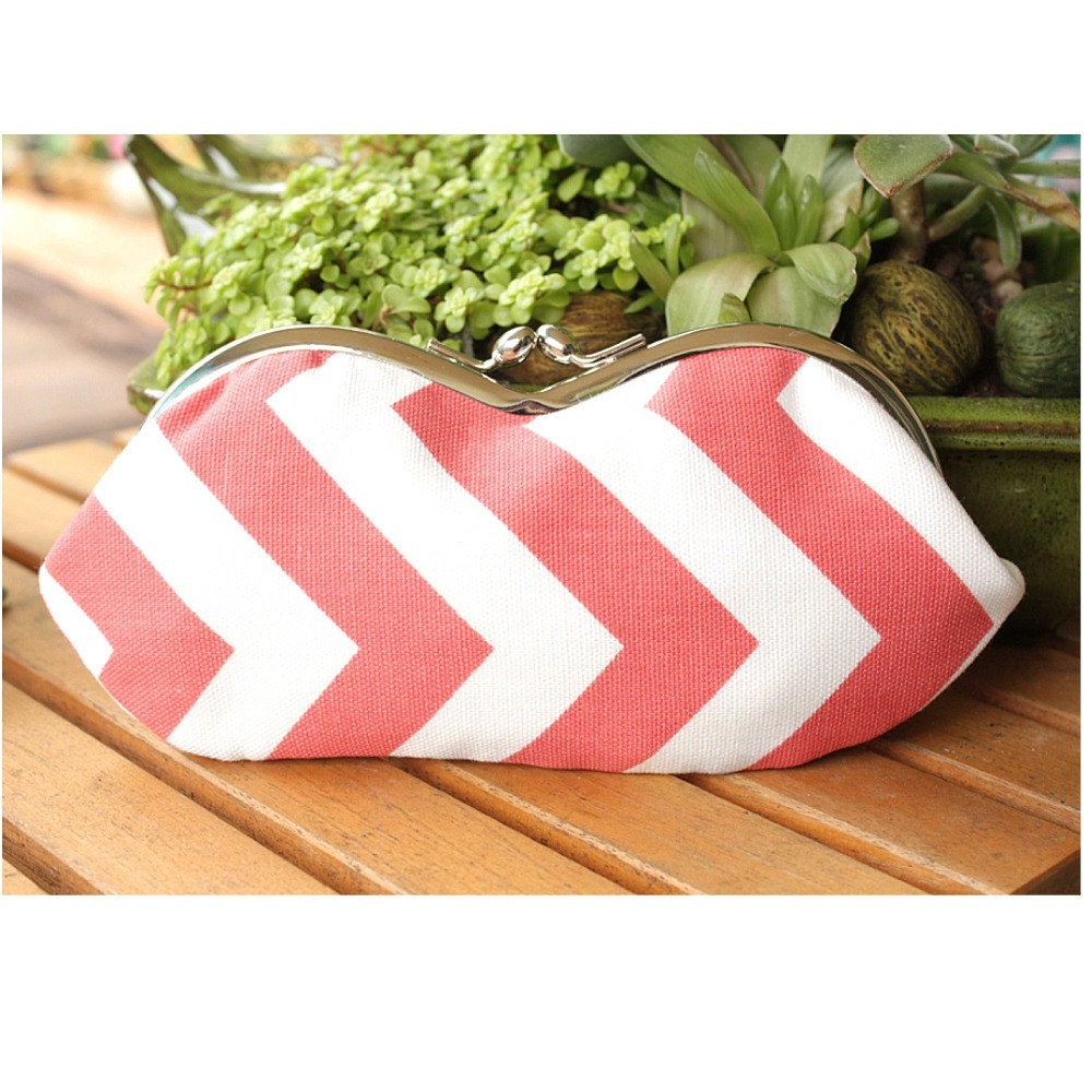 Coral Chevron Sunglasses Case - Coral and White Chevron Sunglass or Eyeglass Clutch