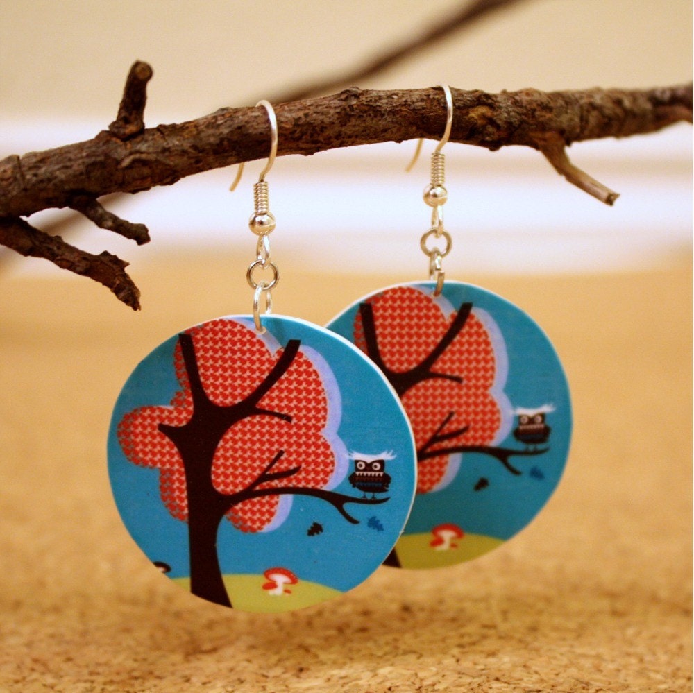 Turquoise Tree with Owl Circle Acrylic Pendant Earrings