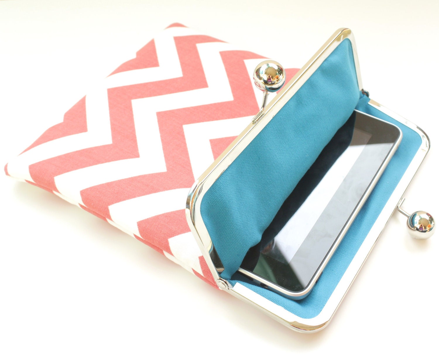 Coral Chevron iPad Case or Sleeve with Kisslock Frame - iPad Case or Clutch - Notebook Clutch - Coral and Blue Chevron Print