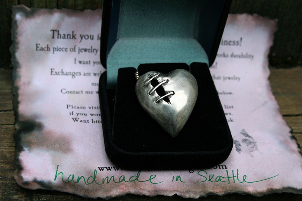 Sutured Heart necklace silver alloy sterling silver chain