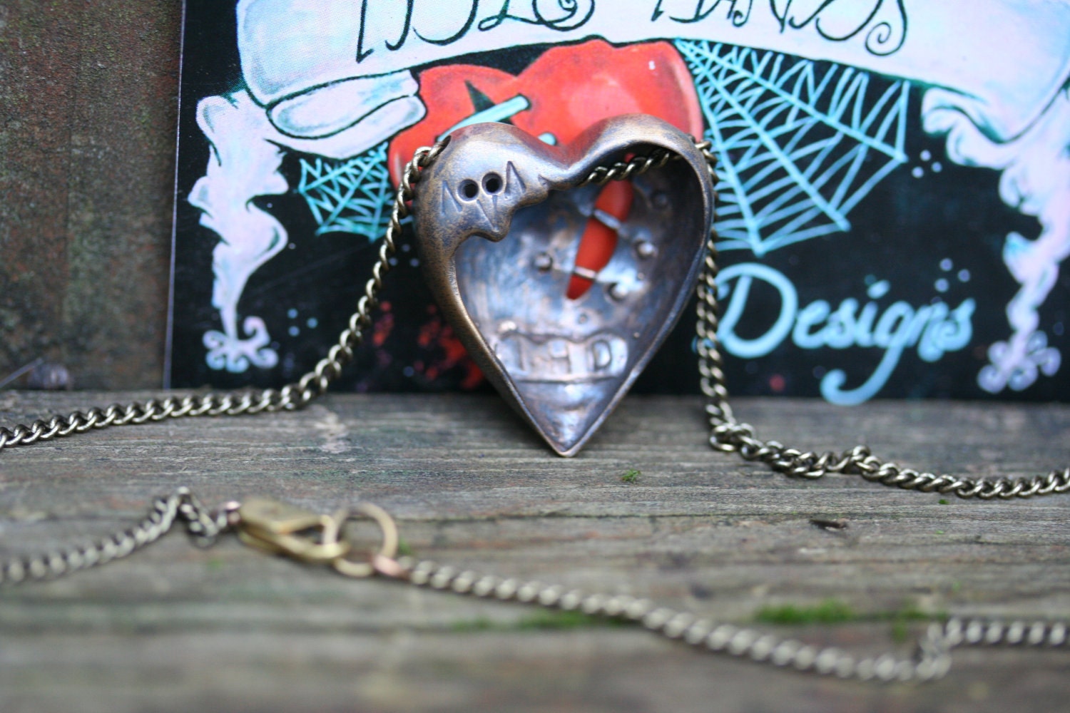 Sutured Heart necklace natural bronze brass chain