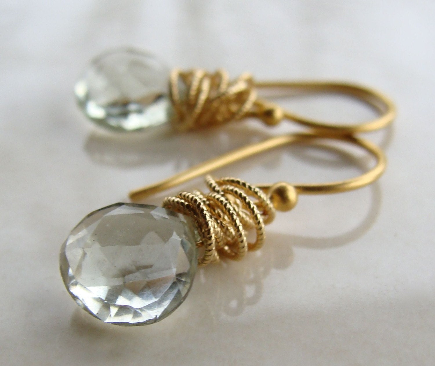 Tidal Earrings with Green Amethyst Gold Handmade Vermeil Earwires Mint Green