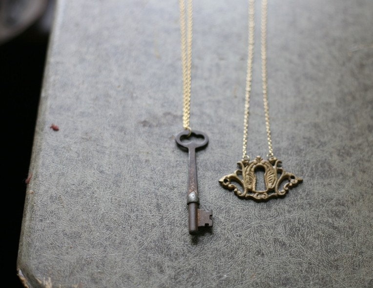 antique key and plate bff necklaces