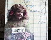 Happy Girl Collaged ACEO Vintage Image & Ledger Paper