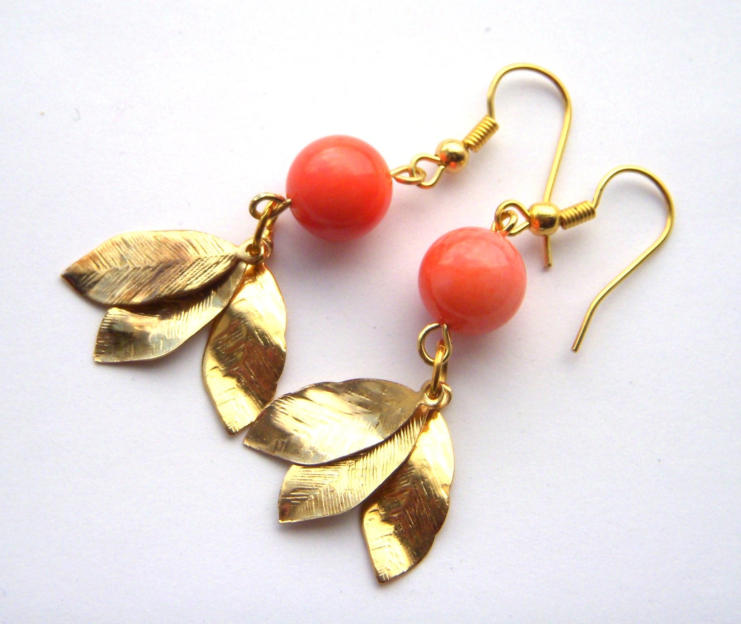 Gold leaf  and coral earrings