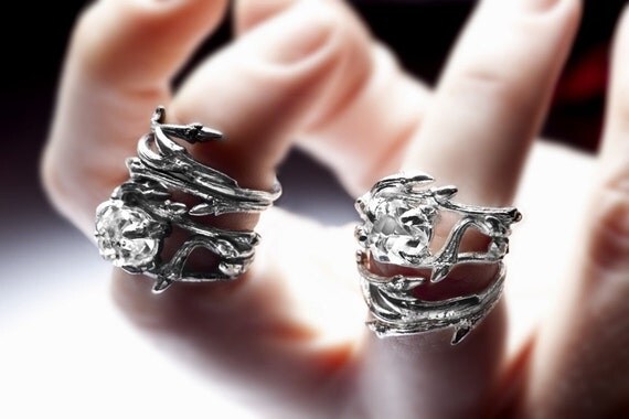 dark silver stacking pair: Elvish rings, twigs & natural Herkimer Diamond rock crystal - organic rings