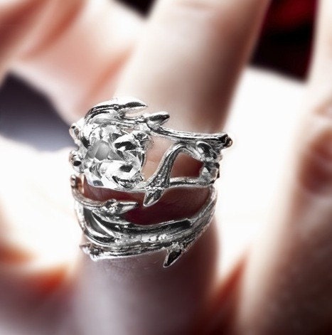 Elvish Herkimer Diamond ring: twigs and natural crystal stone - woodland - RedSofa jewelry