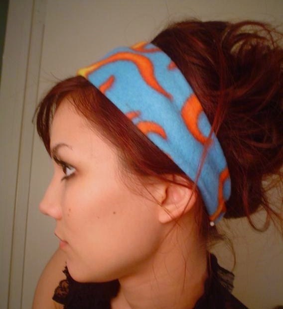 ORANGE BLUE FLAMES fire biker harley head band hair band ear warmer polar fleece headband