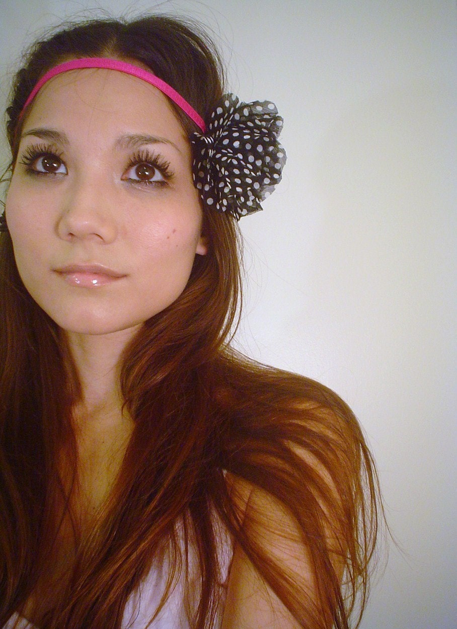 BLACK WHITE POLKA DOT CHIFFON flower floral dots dress hot pink fuchsia head hair band headband by Mixbaby