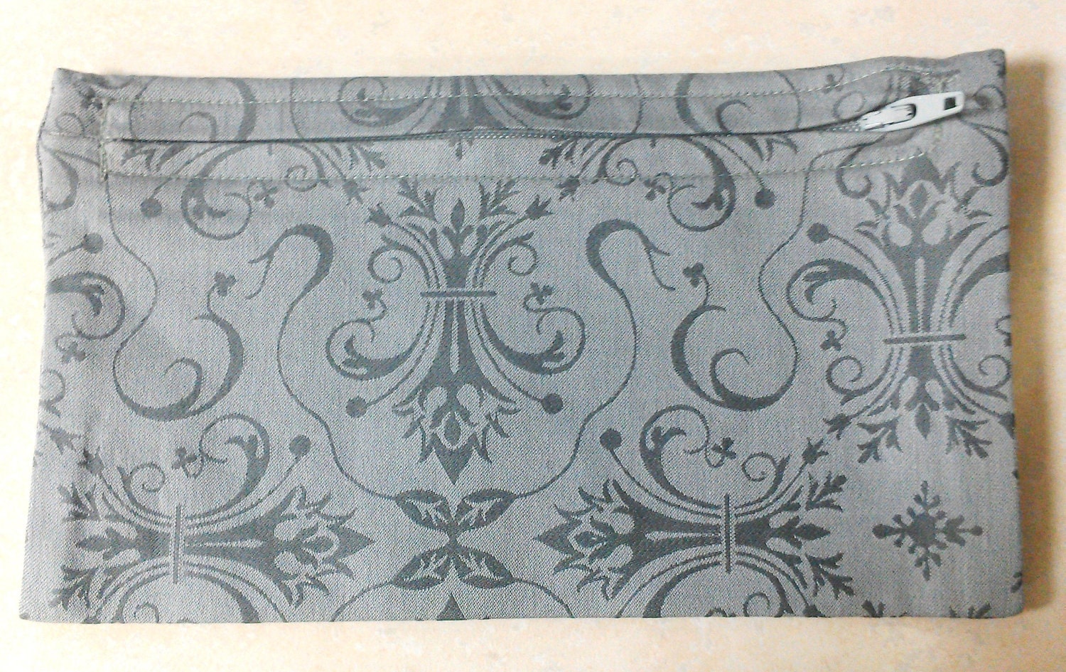 Grey silver FLEUR De LIS CLUTCH coin purse id cell phone credit card keys makeup holder traditional fabric