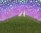 2 bunnies on a hill - signed digital illustration art print 8X10 inches - purple green periwinkle stars whimsical childrens decor
