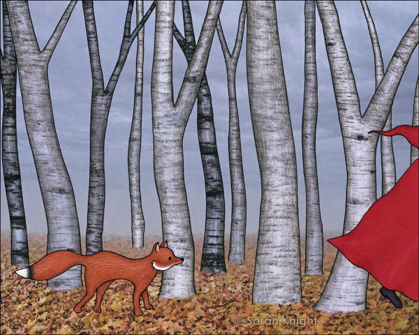 fox trot forest - digital illustration art print 8X10 inches, fox birch trees red riding hood orange gray autumn fall nature