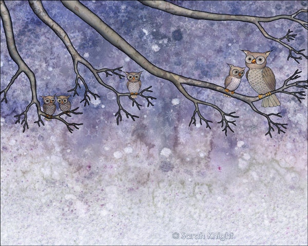 snow hootenanny - digital illustration art print 8X10 inches - owls snowflakes tree branches periwinkle gray white winter nature