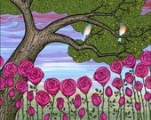 bluebirds in the rose garden - signed fine art print 8X10 inches, periwinkle tree flowers nature scene