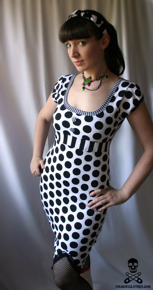 monochromatic polka dot wiggle rockabilly dress - Hedy - handmade custom size - smarmyclothes