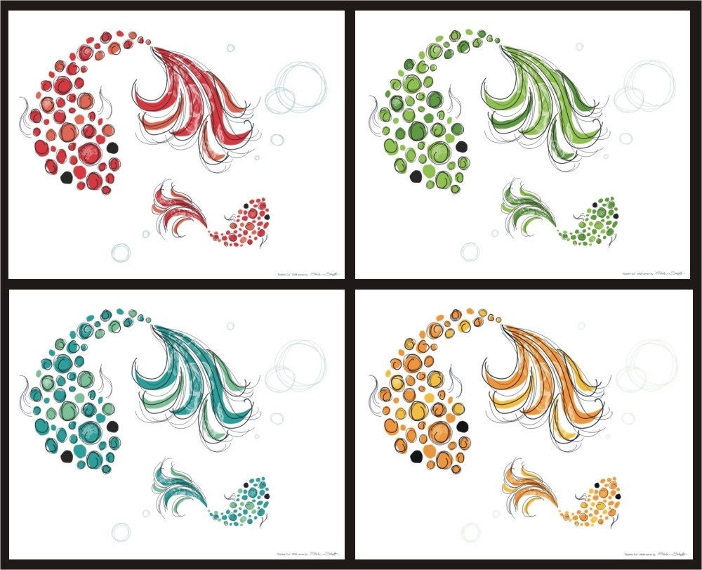 Bubble Koi VALUE SET - Set of 4 8x10 Prints, Fish, Water, Ocean, Turquoise, Blue, Coral, Red, Gold, Yellow, Orange, Green, Black