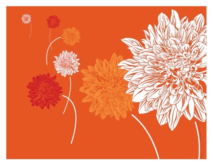 Modern Art Print, 8x10, Dahlia, Flower, Garden, Bloom, Botanical, Modern, Art, Print, Orange, Tangerine, Mango, Red, Yellow, White