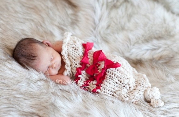Christmas Cocoon Prop for Newborn Photography for Baby Girl or Boy Handknit in Winter White with Scarlet Ribbons and Bows by TrickyKnits
