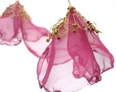 Handmade earrings - sweet knitted wire and pink chiffon flowers - Joy, in mid-air