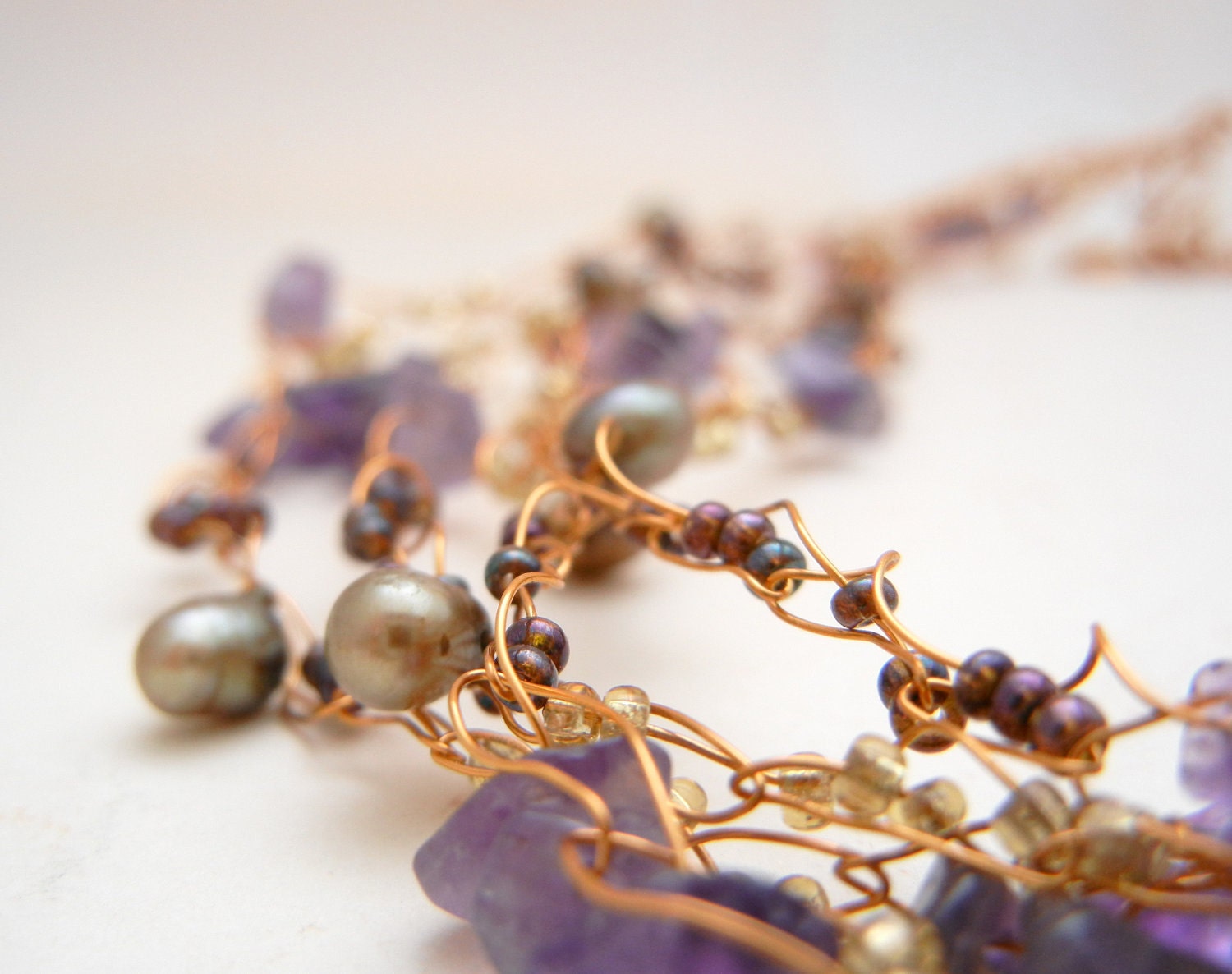Violet Kisses - Amethyst and Pearl Necklace - Purple One of a kind knitted wire creation