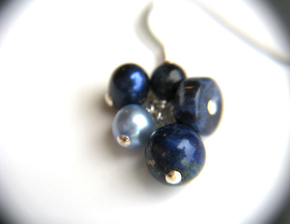 Blue Lapis Earrings . Navy Blue Earrings . Lapis Lazuli Earrings . Denim Blue Earrings . Blue Pearl Earrings . Sterling Silver