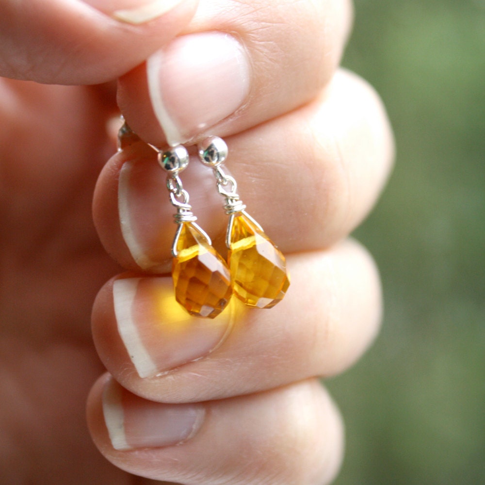 Yellow Topaz Earrings . November Birthday Jewelry . Honey Amber Earrings . Small Dangle Stud Earrings - Anjala Collection