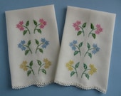 Guest Towels Vintage Pair Floral Cross-Stitch on Linen