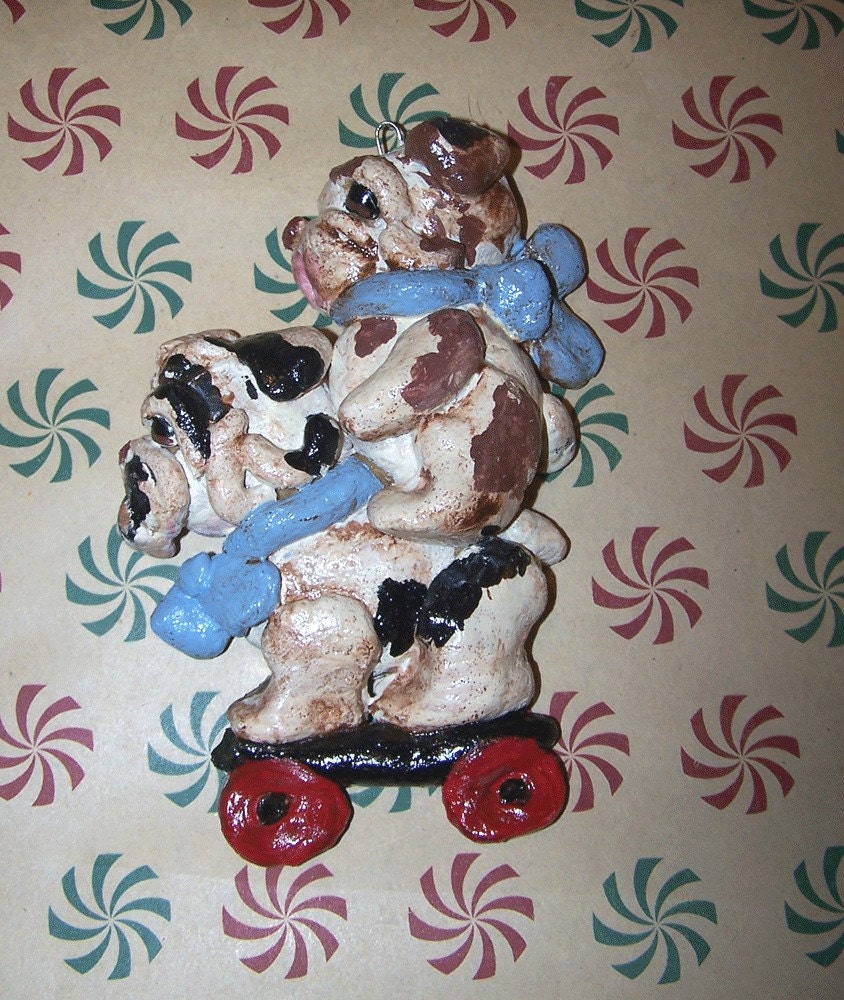 Folk Art Primitive English Bulldog Dog Goes for  Ride  Ornament ooak