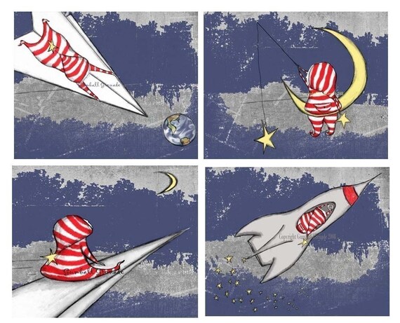 Space and Paper Airplane Print Set of 4 Children's Room Baby Boy Nursery Artwork