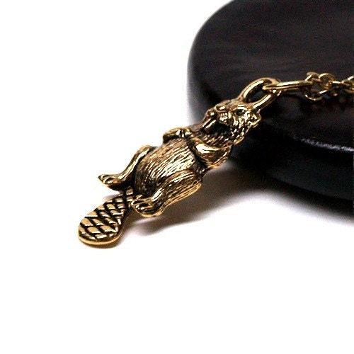 Small gold plated pewter Beaver charm Necklace on a delicate gold plated chain