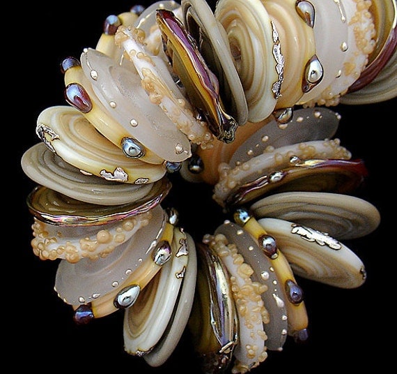 DSG Beads Handmade Organic Lampwork Glass Ivory Discs With Pure Silver