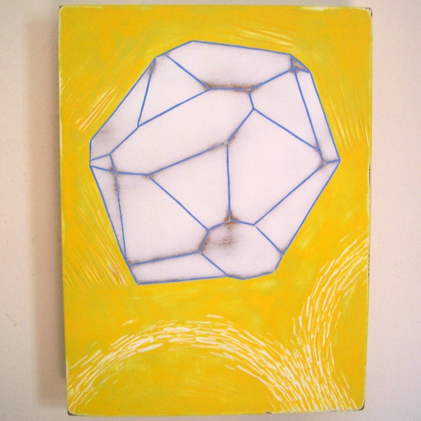 Original Acrylic Painting Glance Cobalt Crystal Form Geometric Mineral Cobaltite Incised Mdf Yellow Blue White Facets