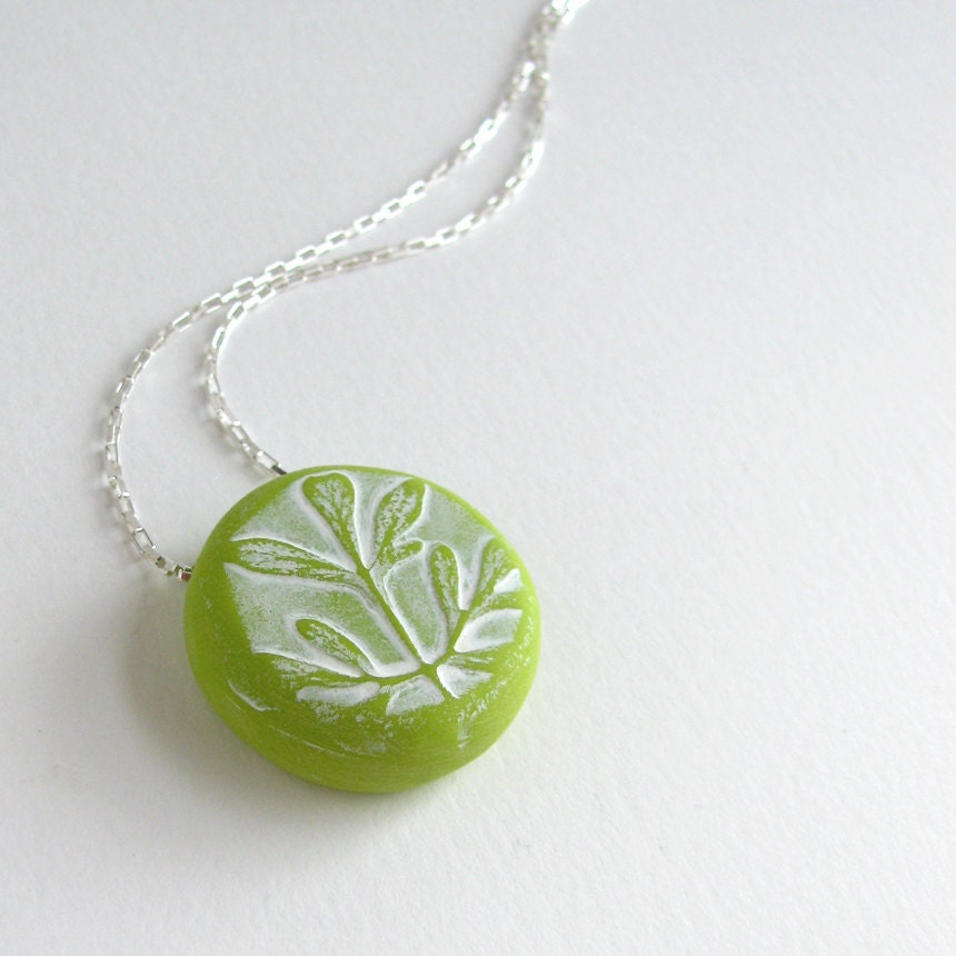 Botanical Rue Necklace Wasabi Green Modern Nature Herb of Grace Pendant Sterling White Ruta Graveolens
