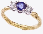 Three Stone Engagement Ring  -   Blue and White Sapphires  -  Yellow Gold Twig Band  -  Diamond Atlernative