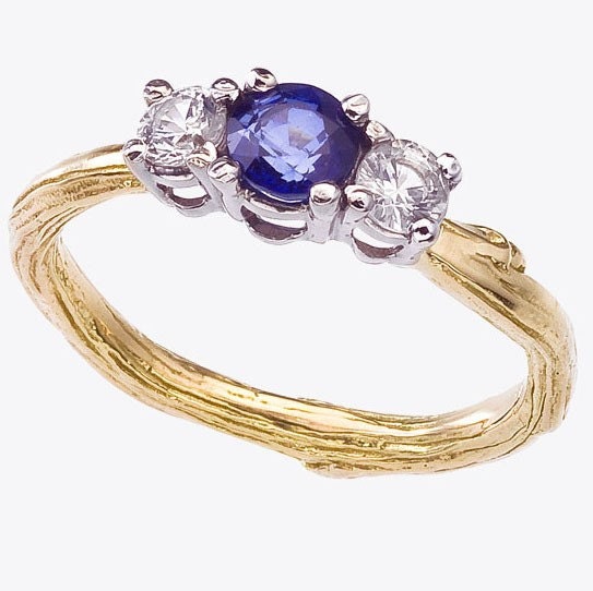 Blue and White Sapphire Three Stone Engagement Ring - Yellow Gold Twig Band - Diamond Alternative Engagement - Unique and Pretty