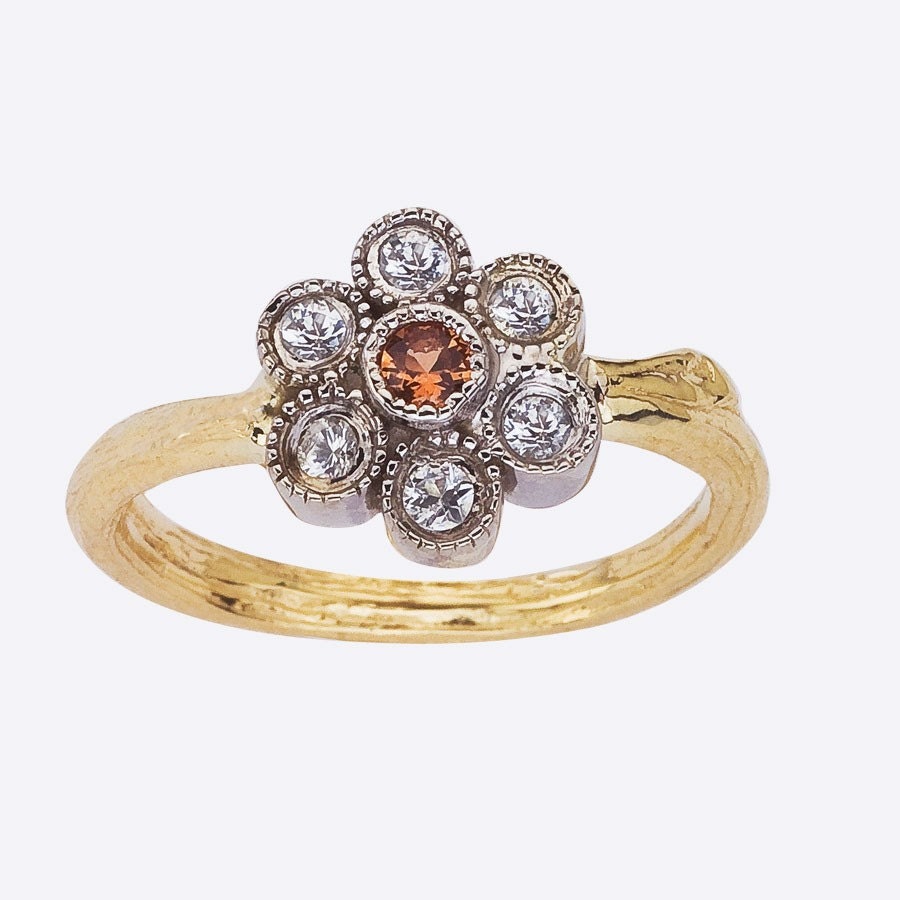 Sapphire Twig Ring - Flower Cluster  -For Engagement or Everyday in Two Tone Gold