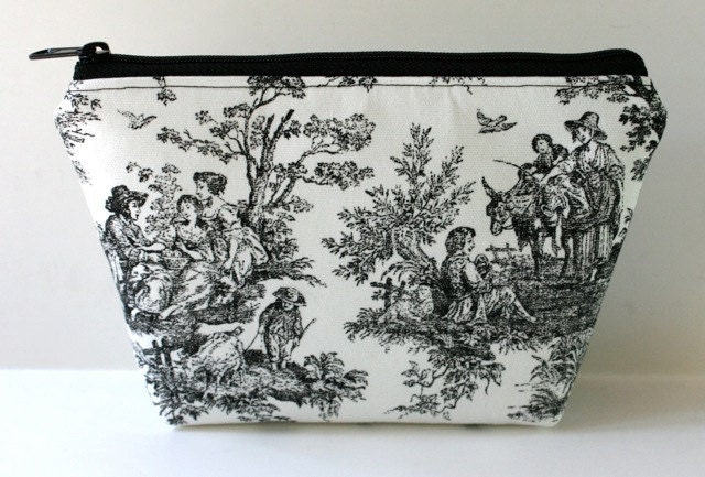 Black and White Toile Padded Flat-bottomed Cosmetic Bag/Zippered Pouch