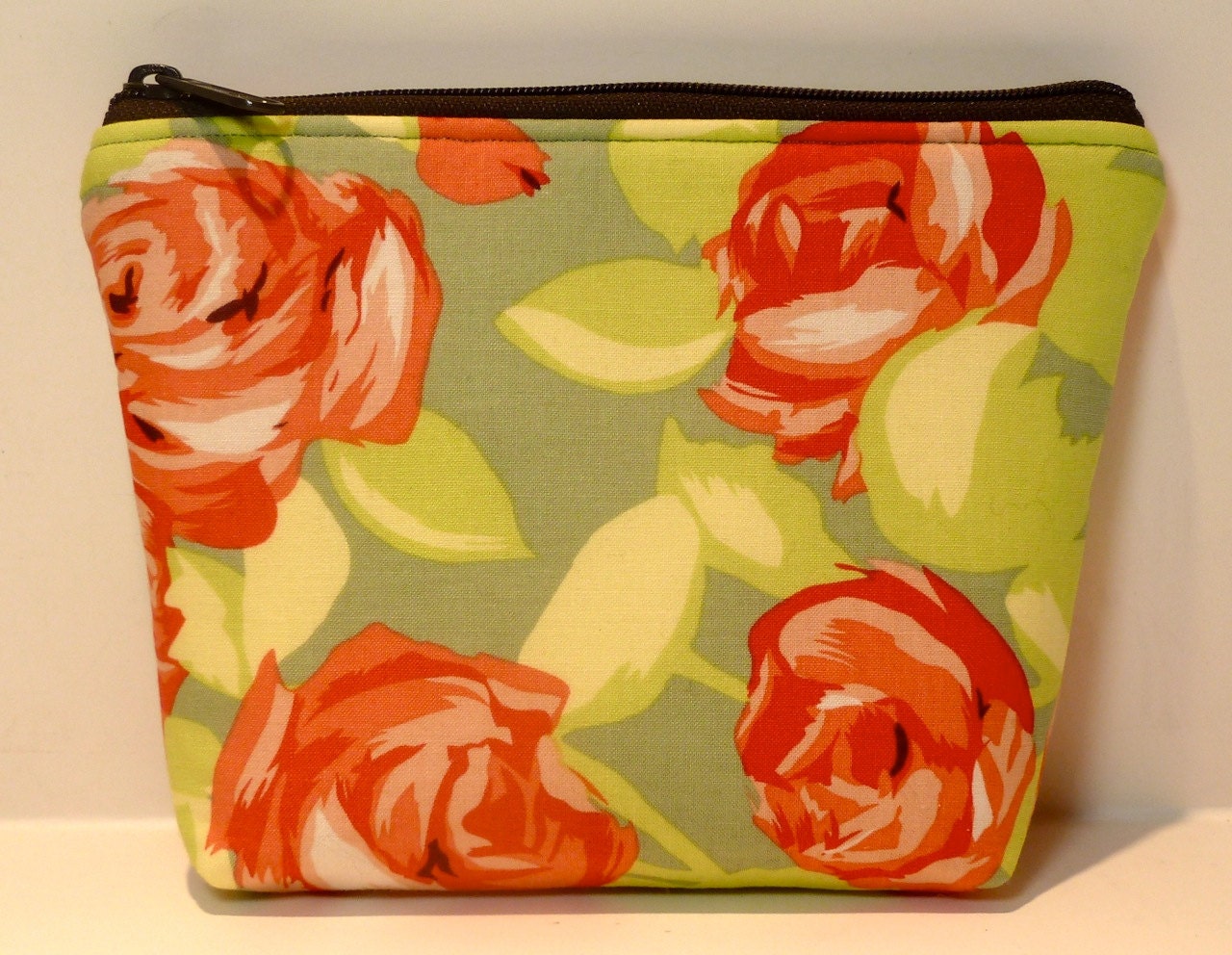 Tangerine Floral Makeup Bag/Zippered Pouch Padded Flat-bottomed