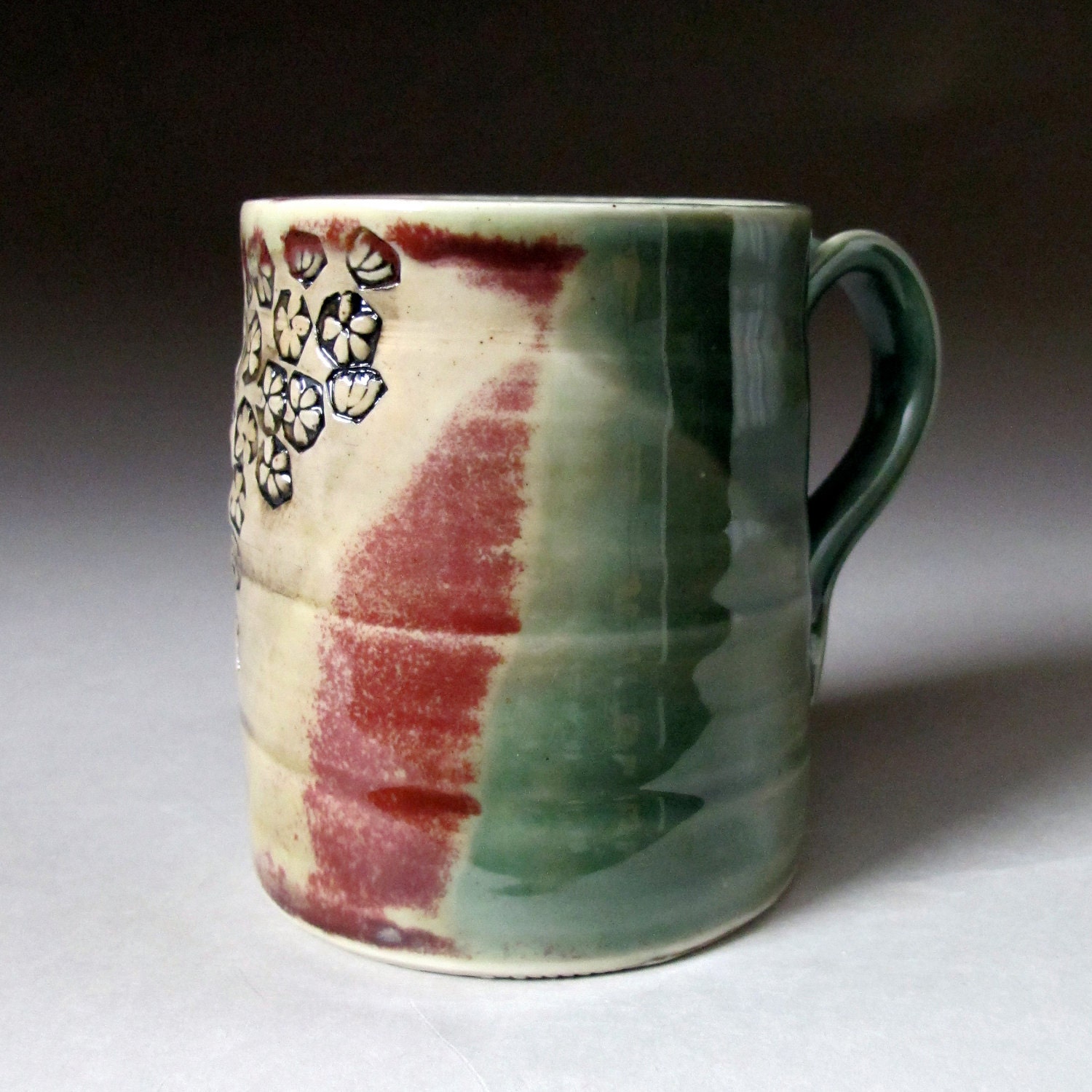 Ceramic Coffee Mug Handmade Porcelain Cup: Green with Flowers