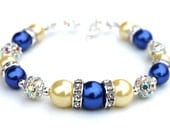 Sparkling Cobalt Blue and Lemon Pearl Bracelet, Bridesmaid Jewelry, Bling Jewelry
