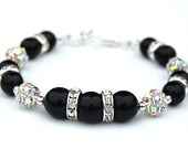 Sparkling Black Pearl Rhinestone Jewelry, Bridesmaid Bling Bracelet, Under 25