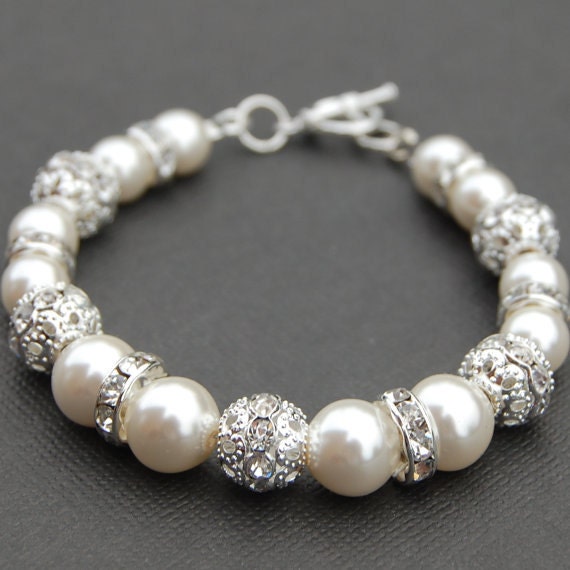 Bridal Jewelry, Ivory Pearl Rhinestone Bracelet, Bling Wedding Jewelry, Bridesmaid Gift