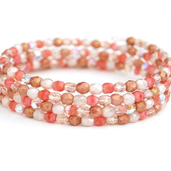 CIJ SALE, Peaches and Cream Beaded Memory Wire Bracelet, Beaded Cuff - AMIdesigns