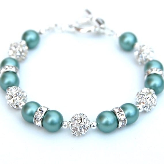 Bridesmaid Jewelry, Jade Green Pearl Rhinestone Bracelet, Bling Bridal Party