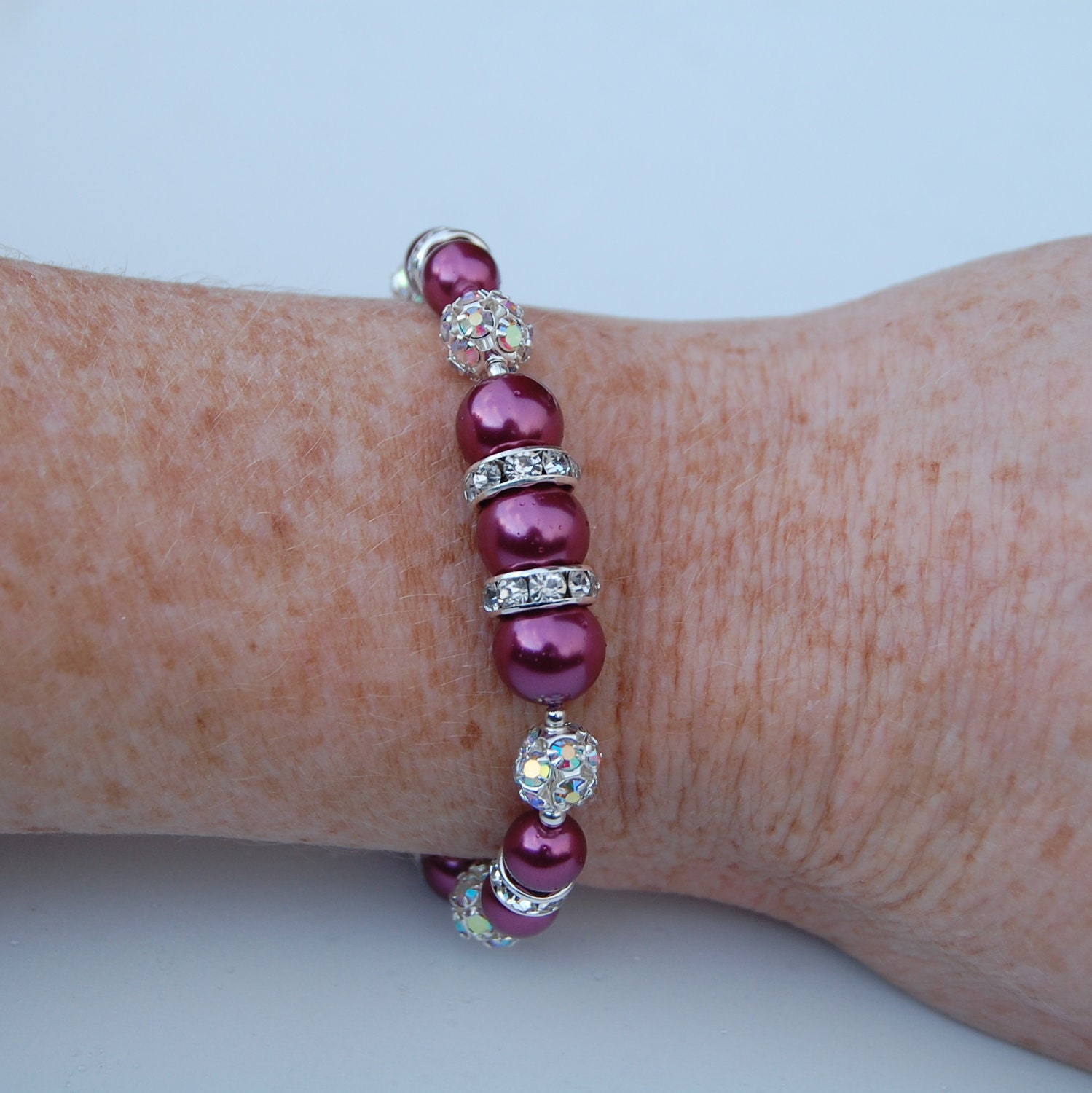Bridesmaid Jewelry, Raspberry Pearl and Rhinestones Bracelet, Bridesmaid Gift, Sparkling Pink Bracelet, Custom Colors