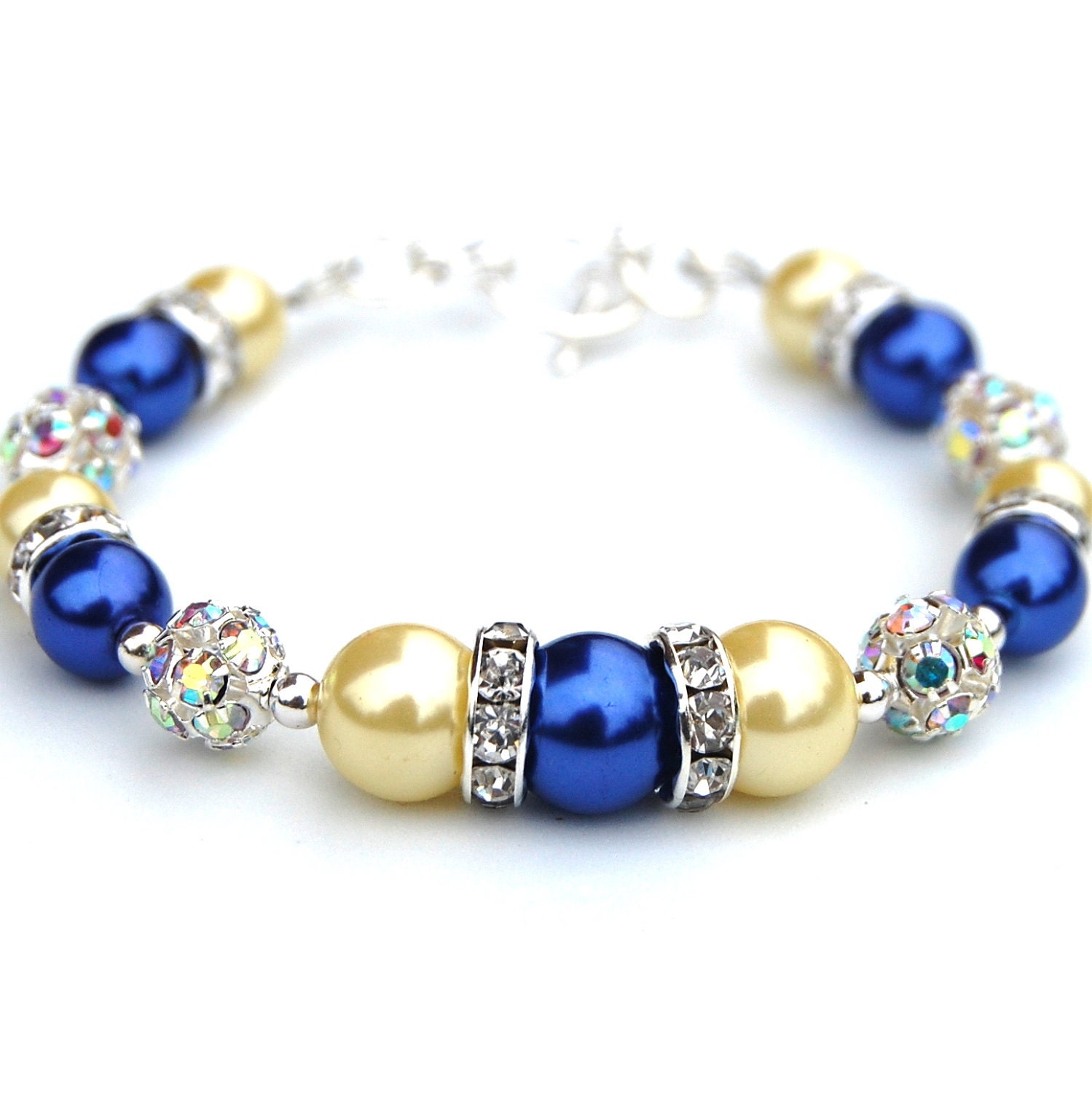 Sparkling Cobalt Blue and Lemon Pearl Bracelet, Bridesmaid Jewelry, Bling Jewelry
