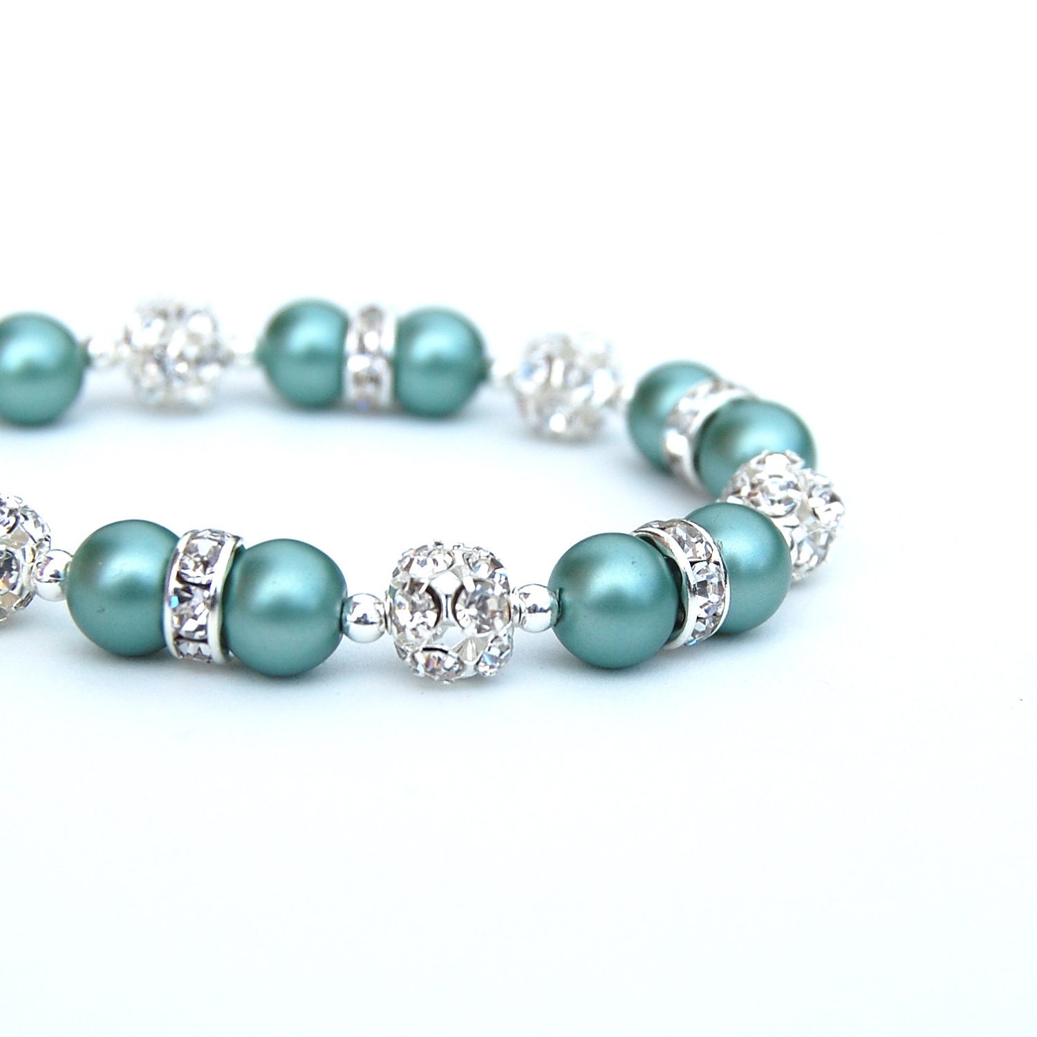 Bridesmaid Jewelry, Jade Green Pearl Rhinestone Bracelet, Bling Bridal Party