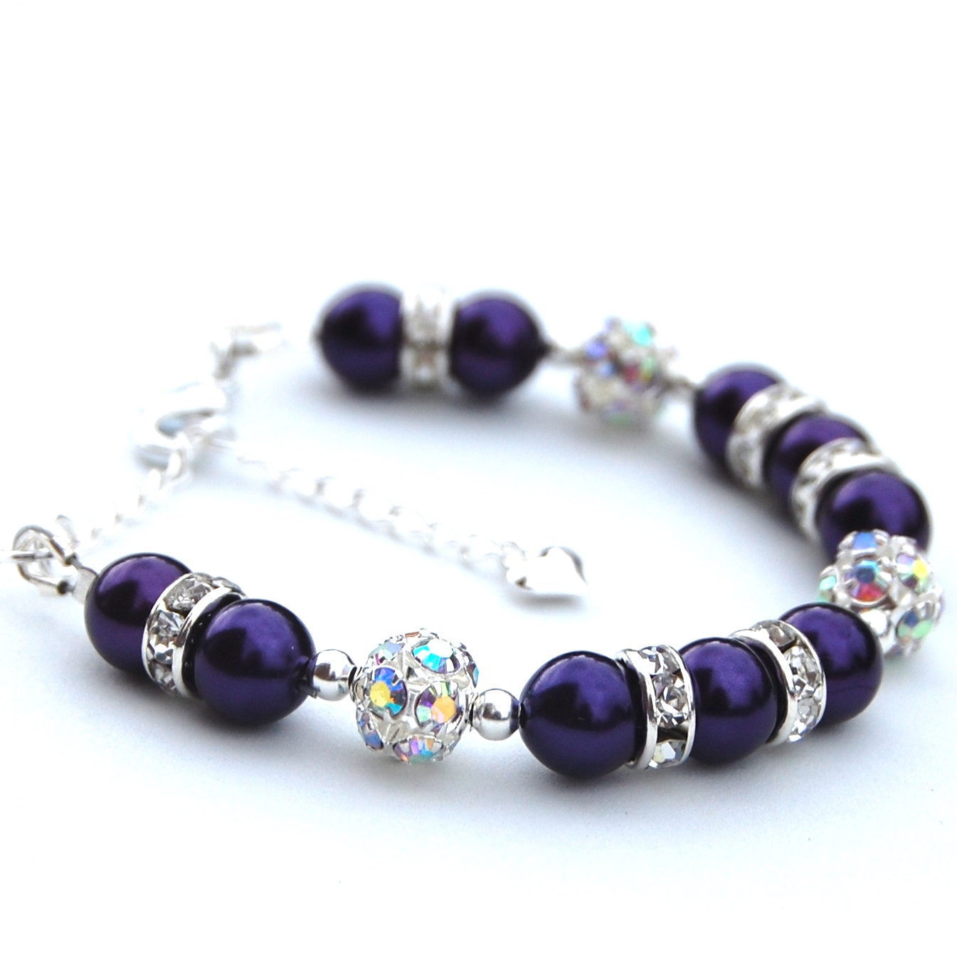 Flowergirl Jewelry, Royal Purple Pearl Rhinestone Bracelet, Sparkling Girls Bracelet