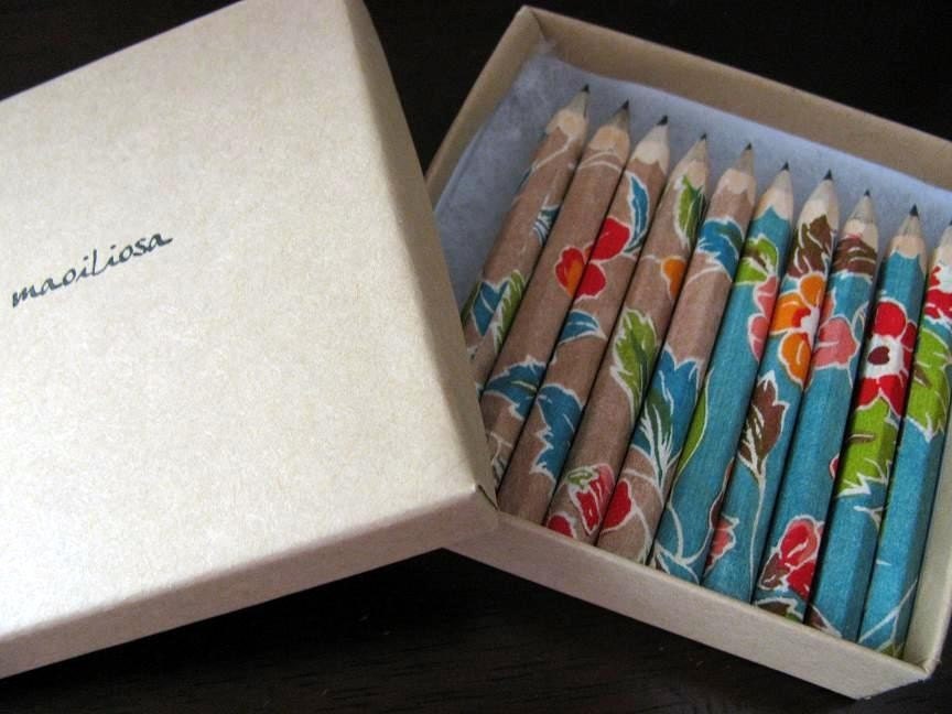 mini japanese paper-wrapped pencils - set of 10 - vintage wallpaper