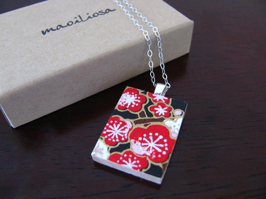 plum blossom japanese pendant necklace on a silver-plated chain - medium - tokyo twilight